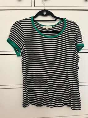 Project Social T Black & White Striped Tee with Green Trim